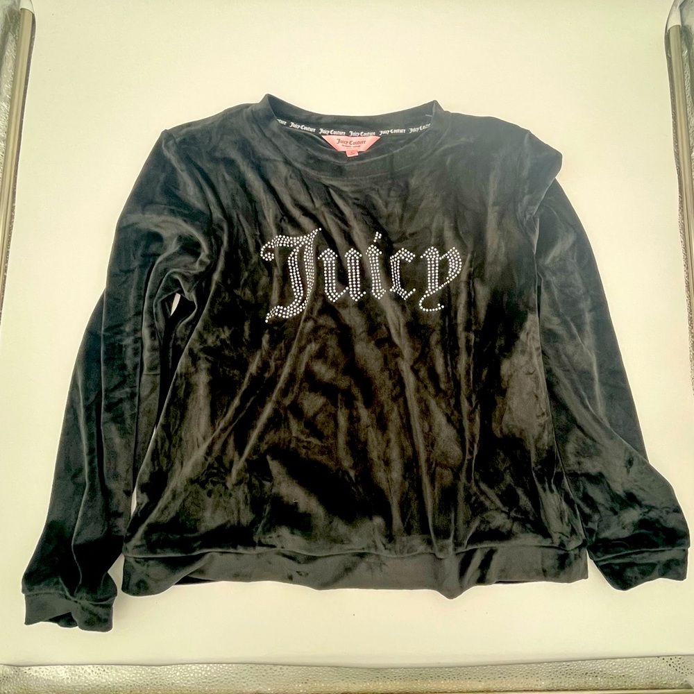 Juicy Couture Rhinestone Black Y2K Velour velvet sweatshirt lounge Top Glam L